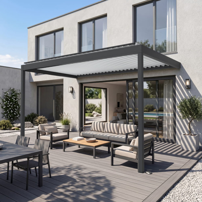 Pergola DUNIA coloris mixte à lames perpendiculaires